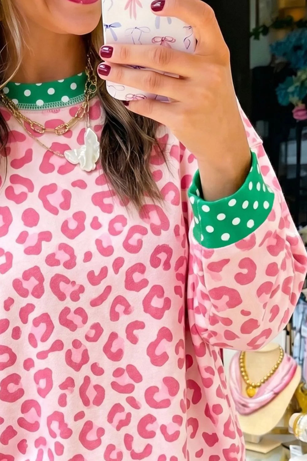 Leopard Polka Dot Trim Round Neck Sweatshirt in Blush Pink, view 2