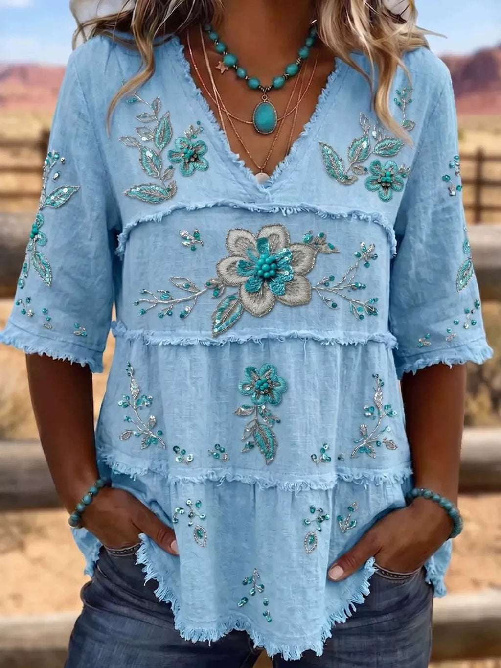Full Size Floral Raw Hem V-Neck Blouse Plus Size - Lilixa.store