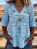 Full Size Floral Raw Hem V-Neck Blouse Plus Size - Lilixa.store