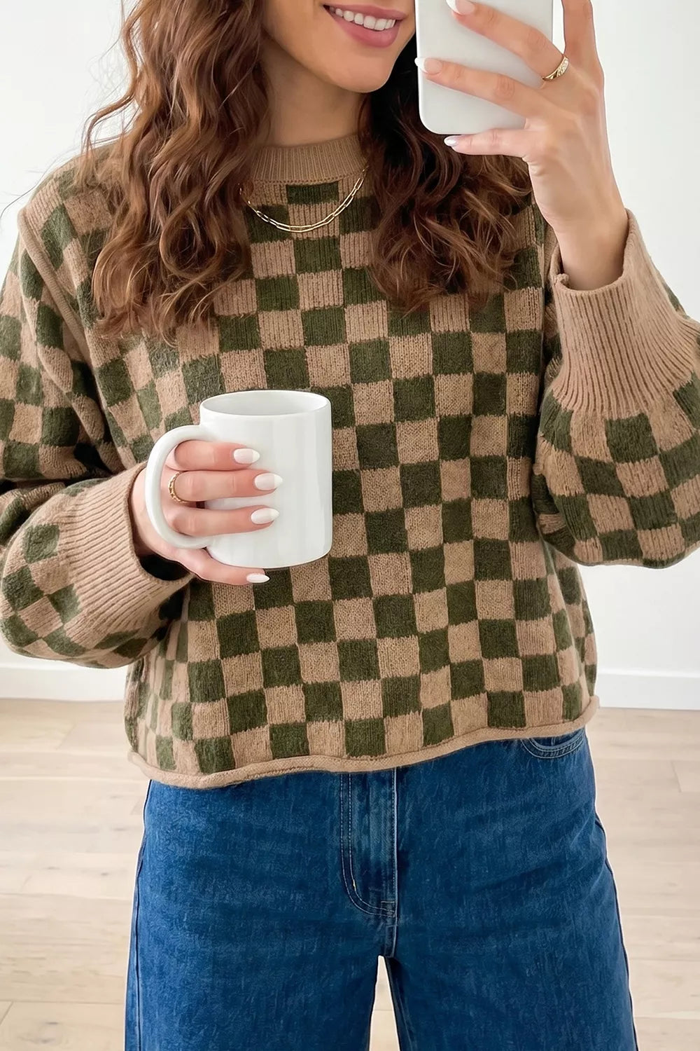 Multicolour Drop Shoulder Plaid Knit Long Sleeve Sweater - Lilixa.store