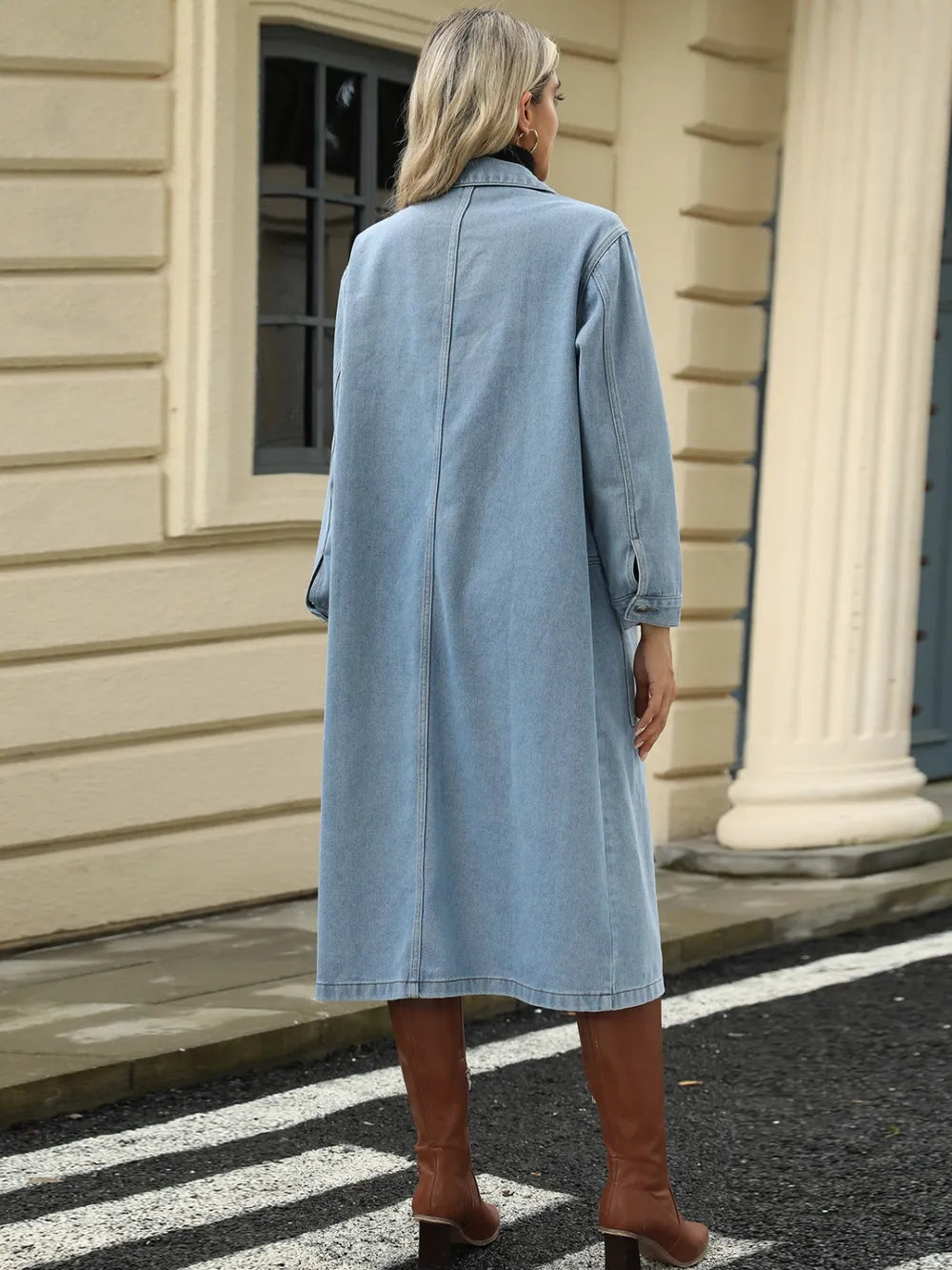 Pocketed Button Down Collared Neck Denim Jacket in Light Blue, view 2