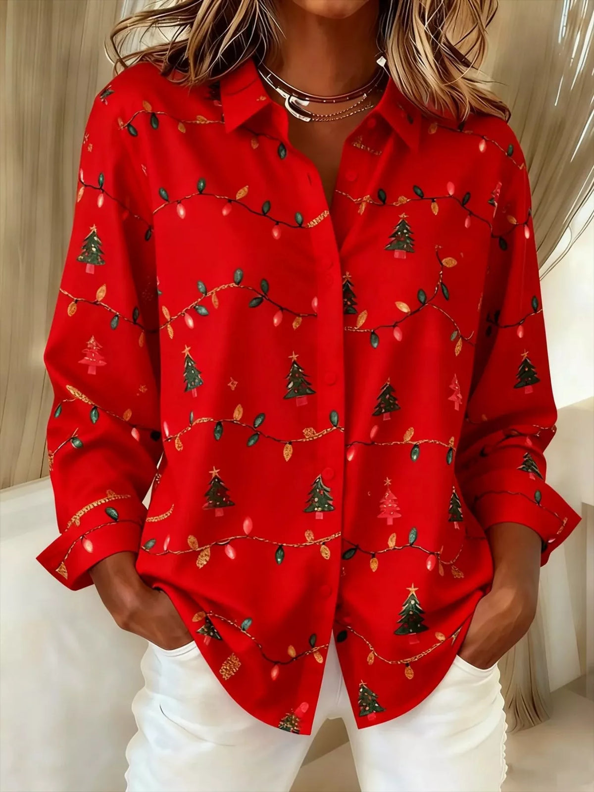 Full Size Christmas Tree Print Long Sleeve Button-Down Shirt Plus Size in Red