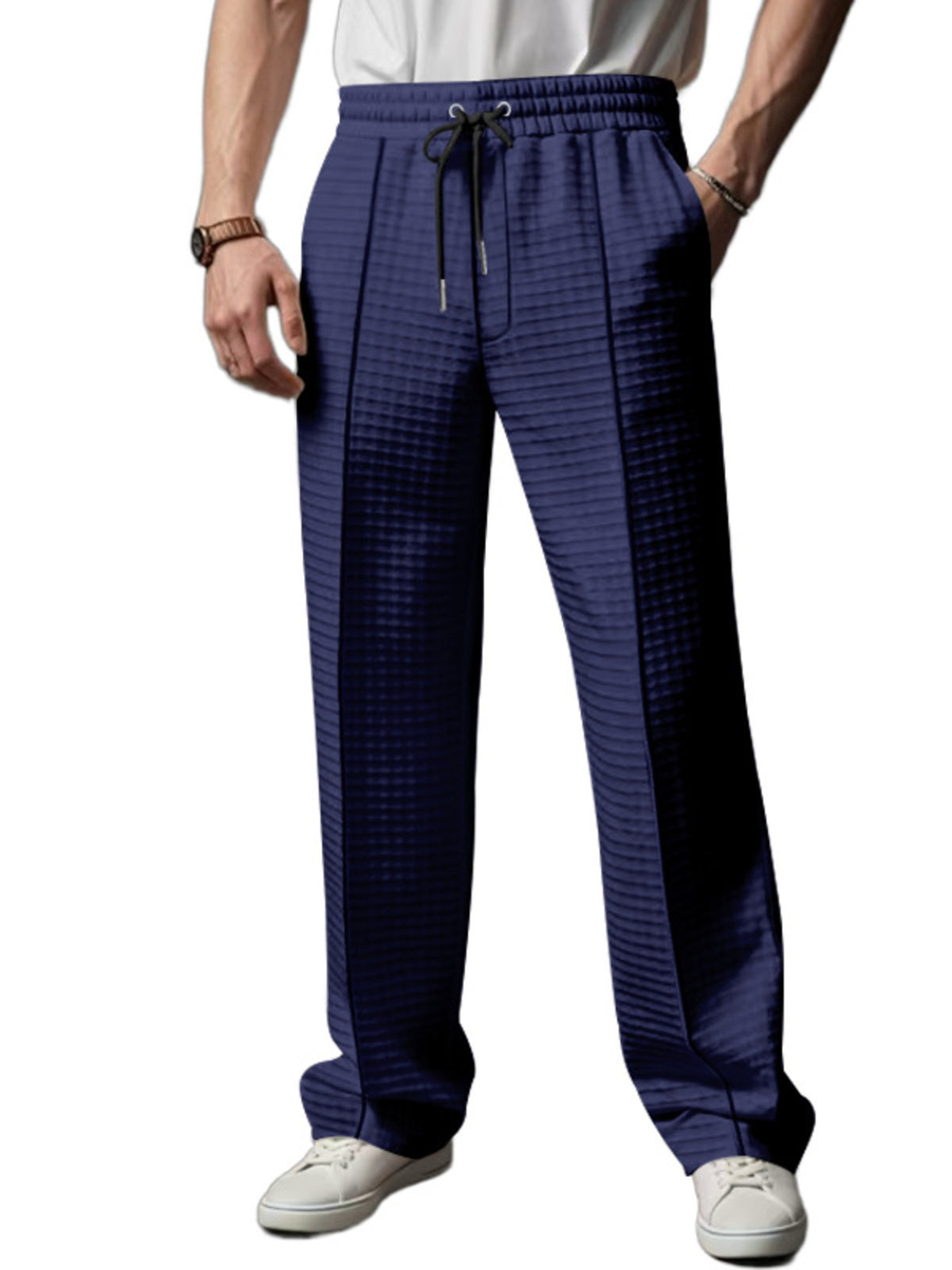 Men's Full Size Textured Drawstring Casual Pants Plus Size in Navy Blue