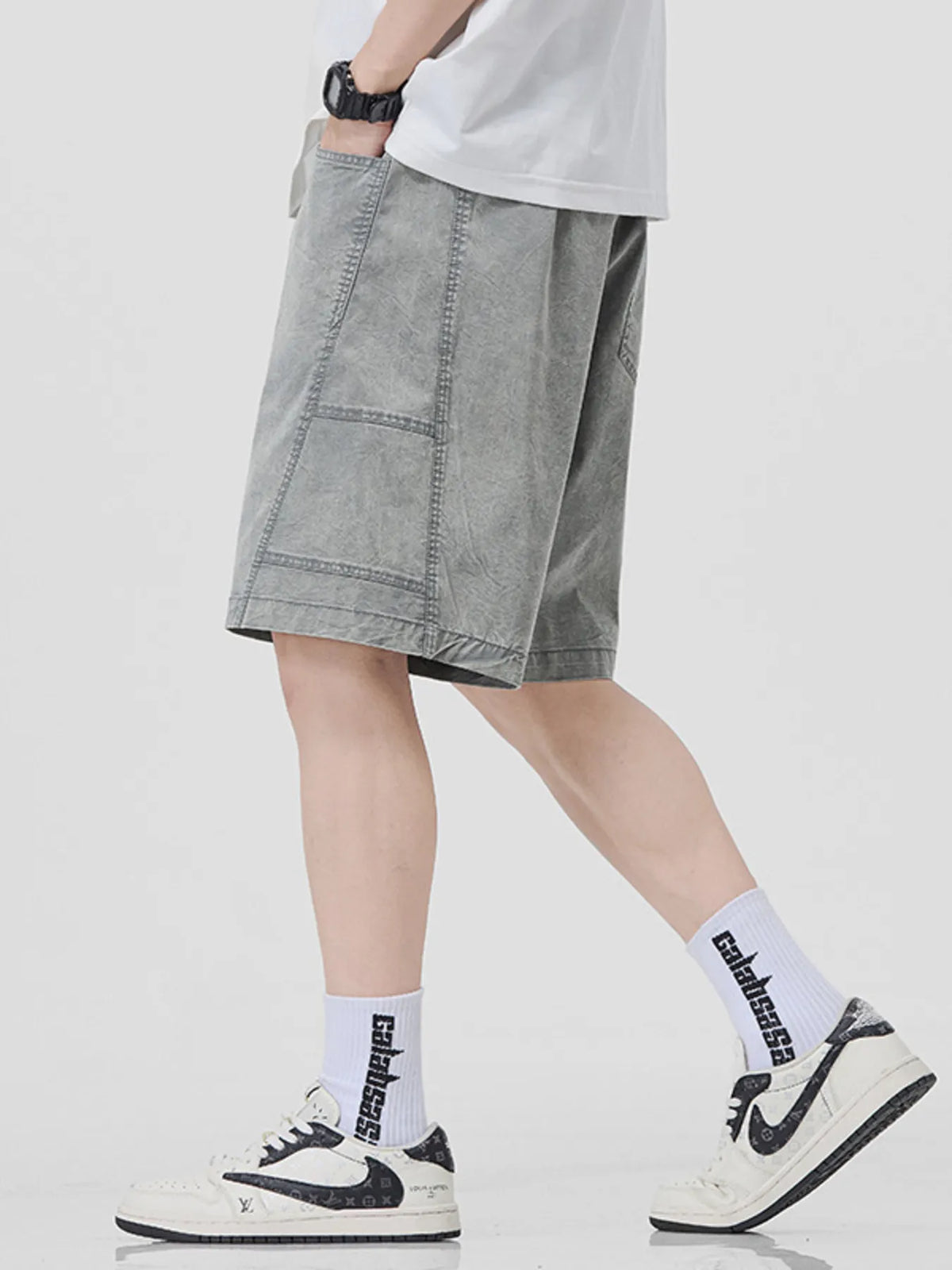 Men's Plus Size Drawstring Washed Denim Shorts, view 4