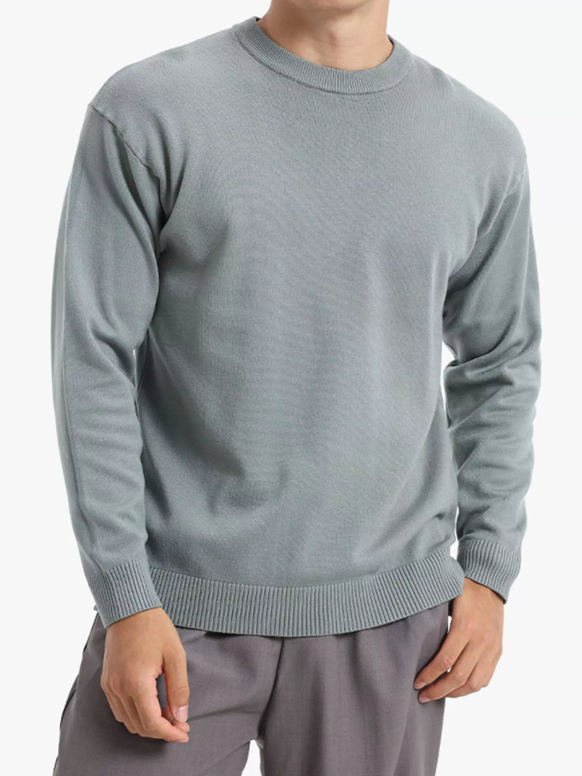 Men's Minimalist Crew Neck Sweater with Ribbed Cuffs in Air Force Blue
