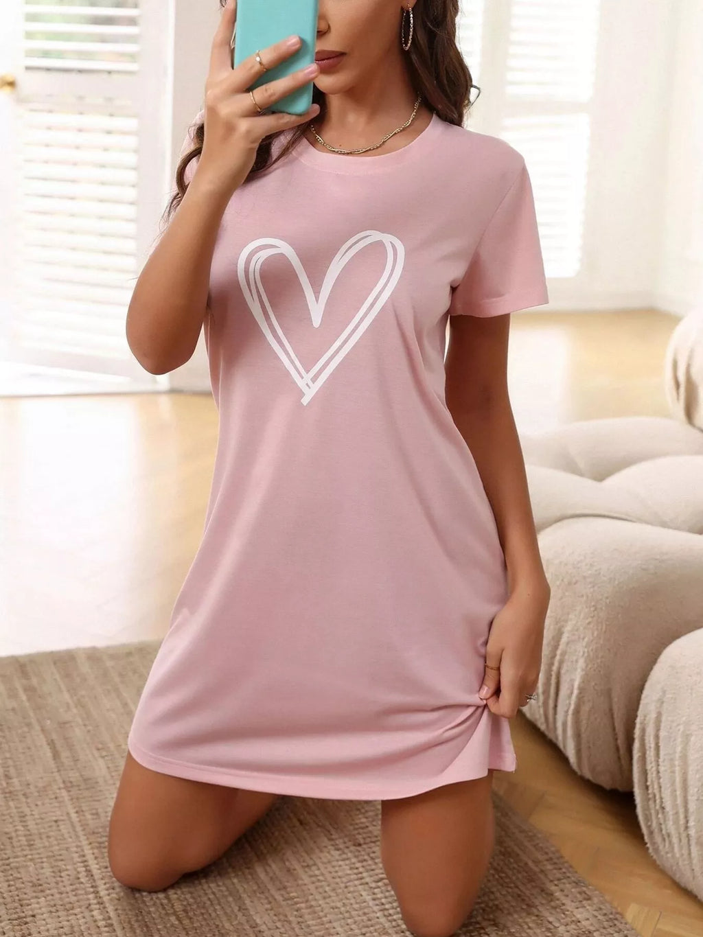 Heart Short Sleeve Lounge Dress in Pink