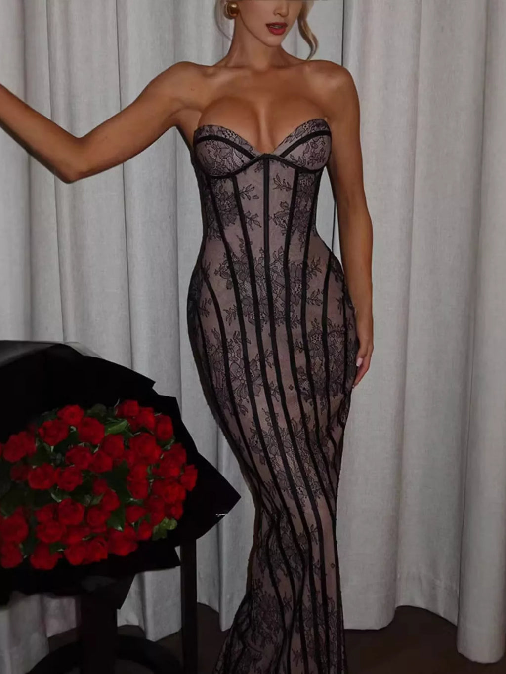 Lace Up Back Strapless Maxi Dress - Lilixa.store