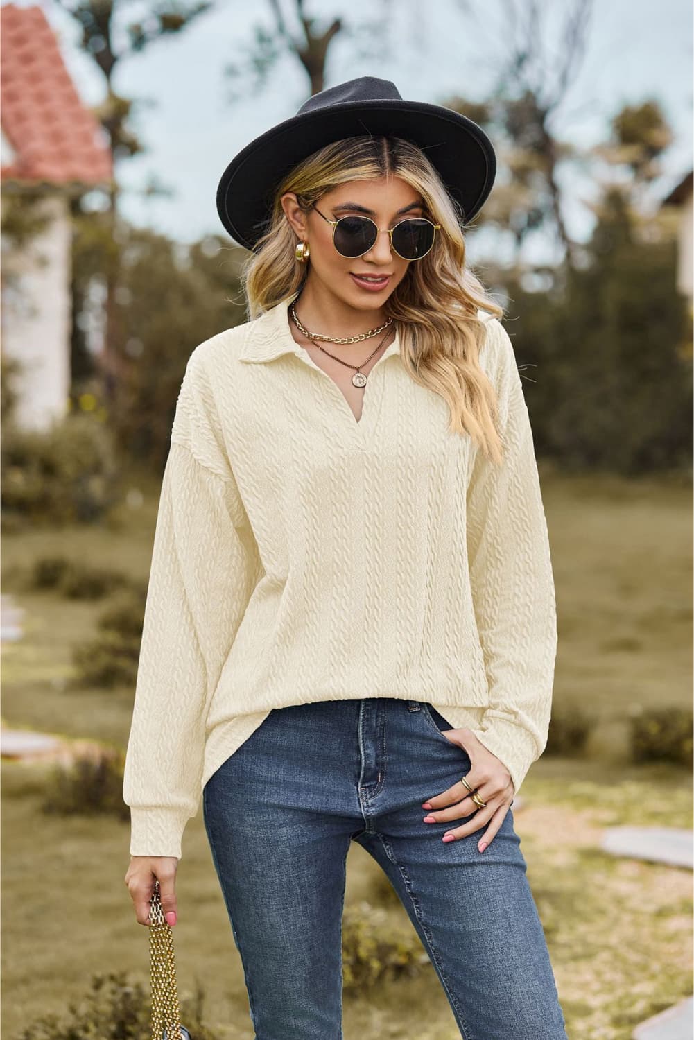 Collared Neck Cable-Knit Long Sleeve Blouse in Ivory