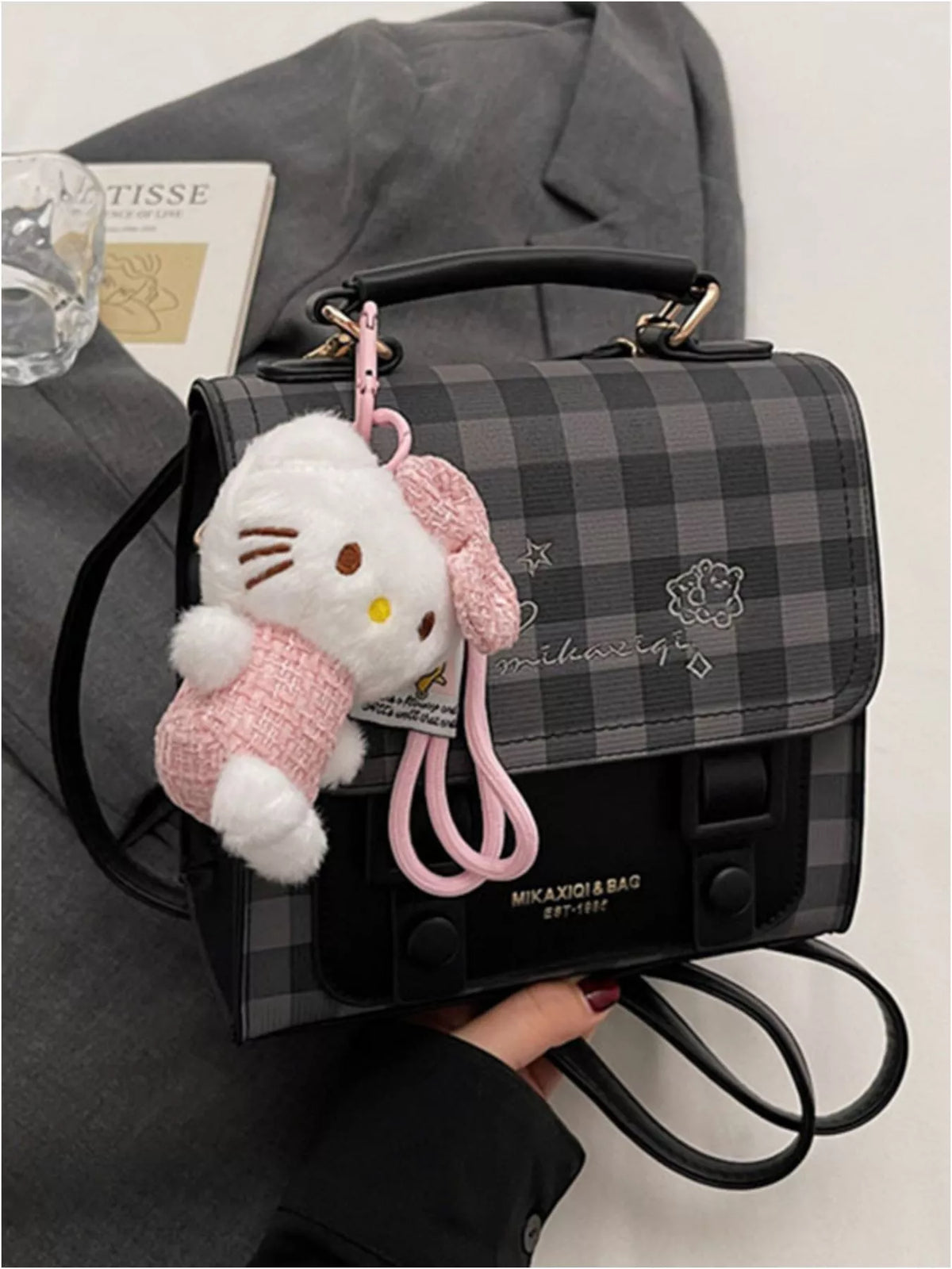 Plaid Pattern Embroidered Flap Backpack Bag - Lilixa.store