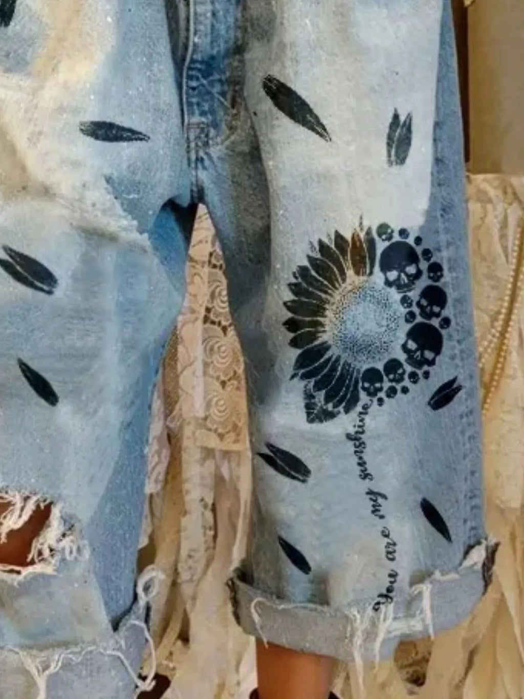 Full Size Distressed Skull Print Jeans Plus Size - Lilixa.store
