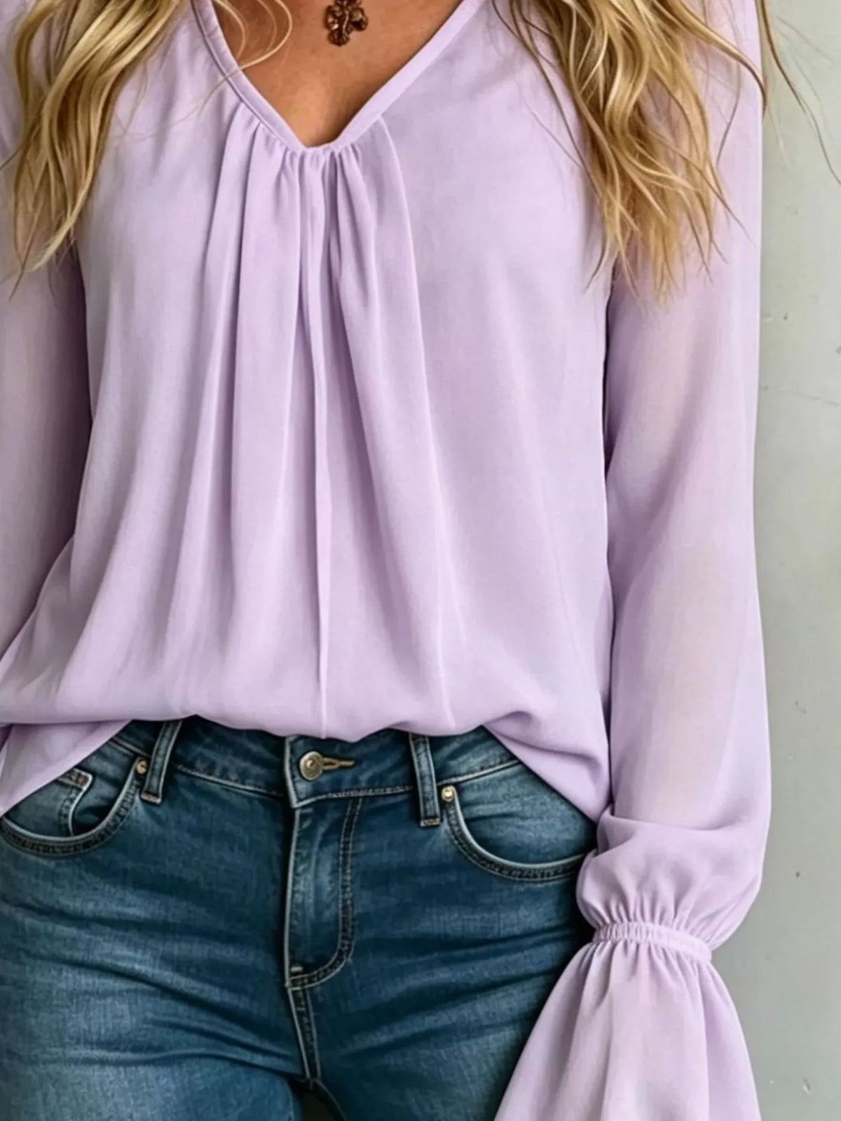 V-Neck Flounce Sleeve Blouse