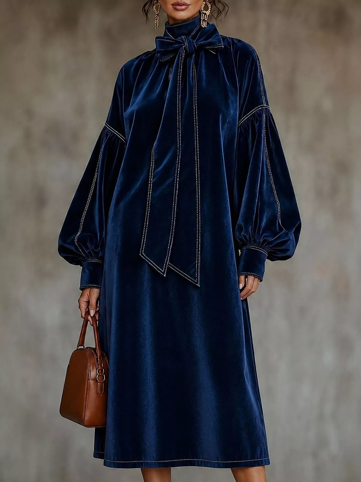 Full Size Velvet Tie-Neck Lantern Sleeve Midi Dress Plus Size