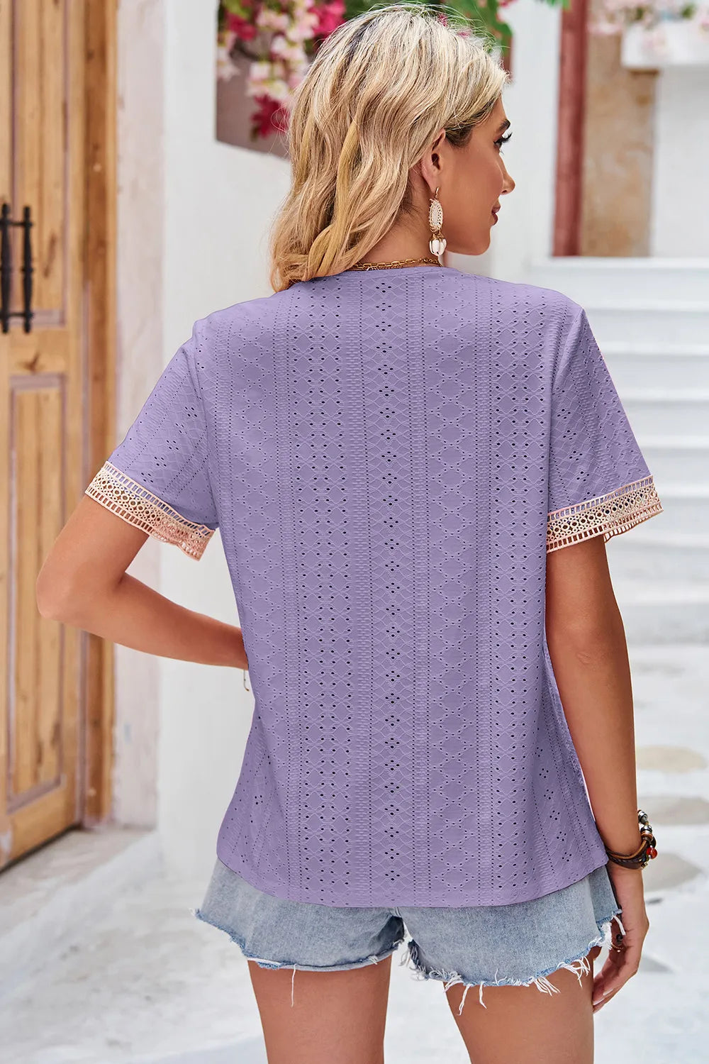 Eyelet V-Neck Short Sleeve T-Shirt - Lilixa.store