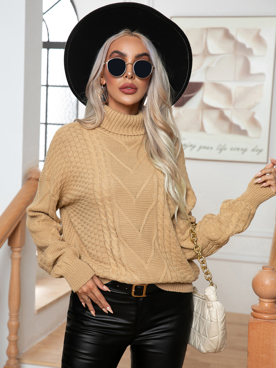 Turtleneck Cable-Knit Long Sleeve Sweater, view 5