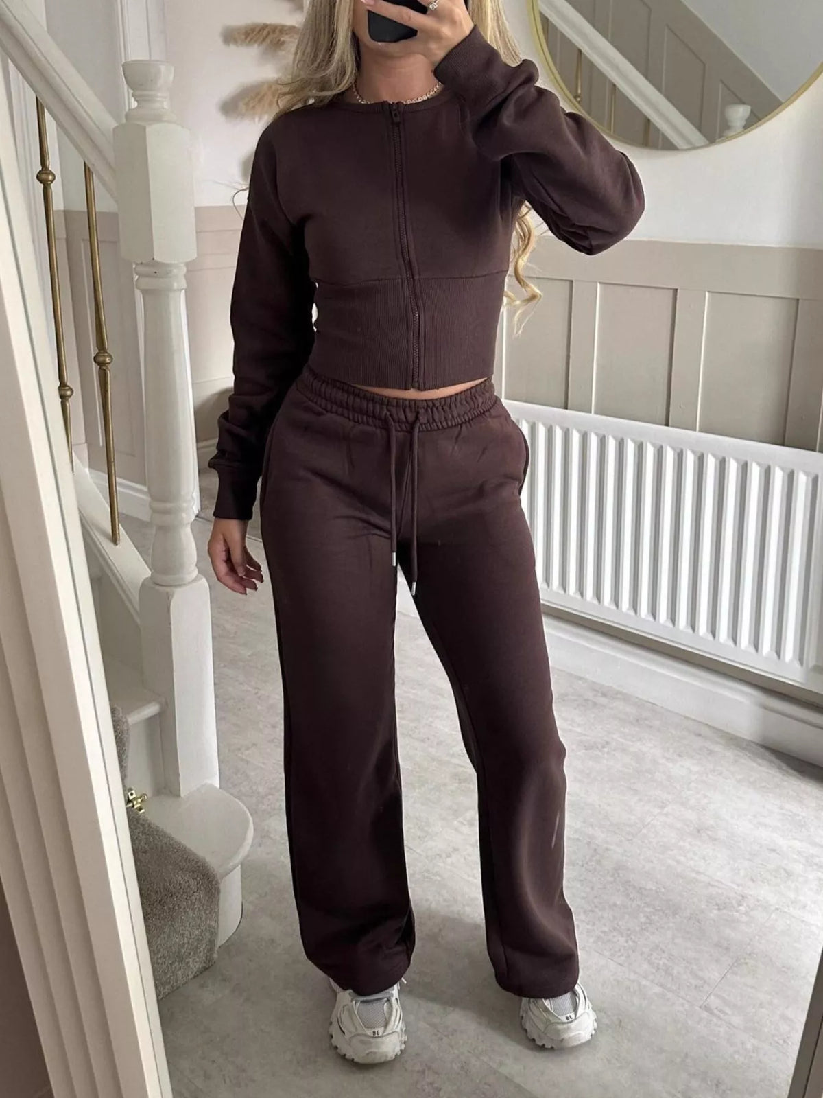 Zip-Up Crop Hoodie and High-Waisted Pants Set - Lilixa.store