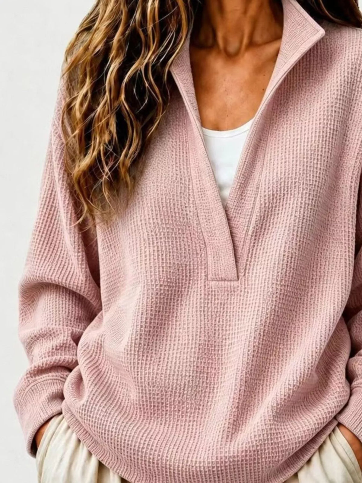 Full Size Waffle Knit Dropped Shoulder Sweatshirt Plus Size