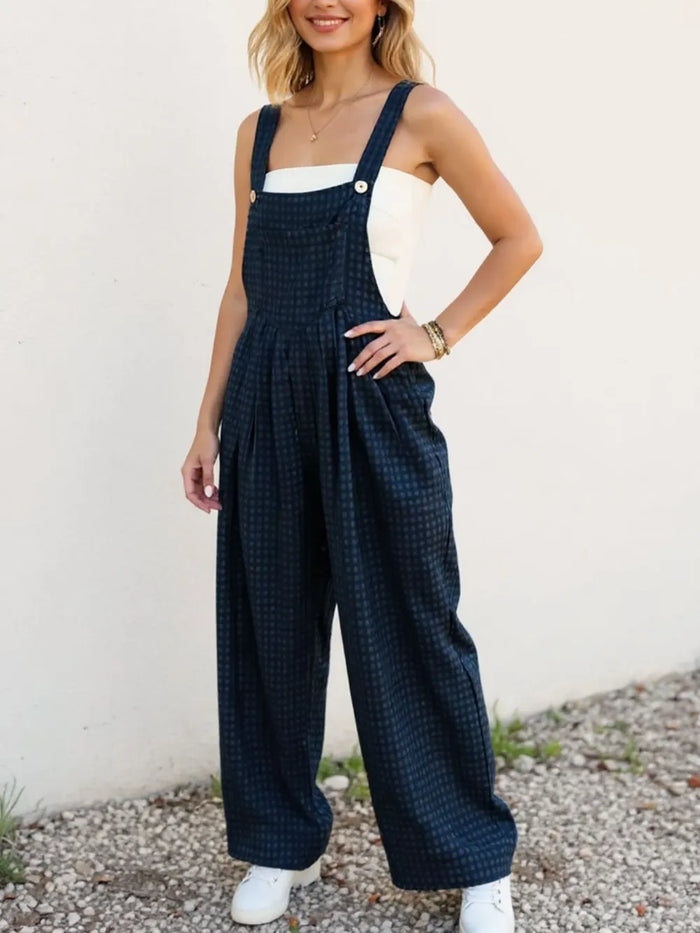 Oh Full Size Plaid Wide Leg Overalls with Pockets in Peacock Blue