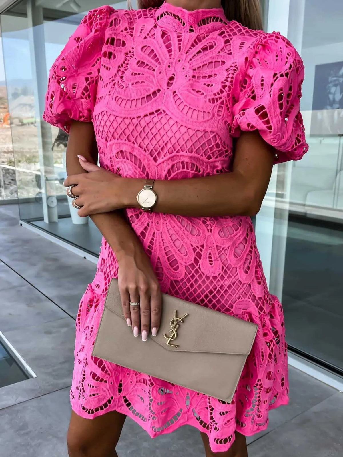 Lace Mock Neck Puff Sleeve Dress - Lilixa.store
