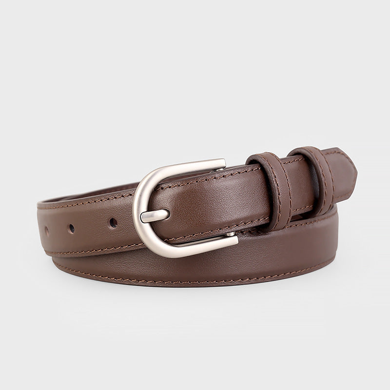 Leather Belt with Silver Buckle in Coffee Brown