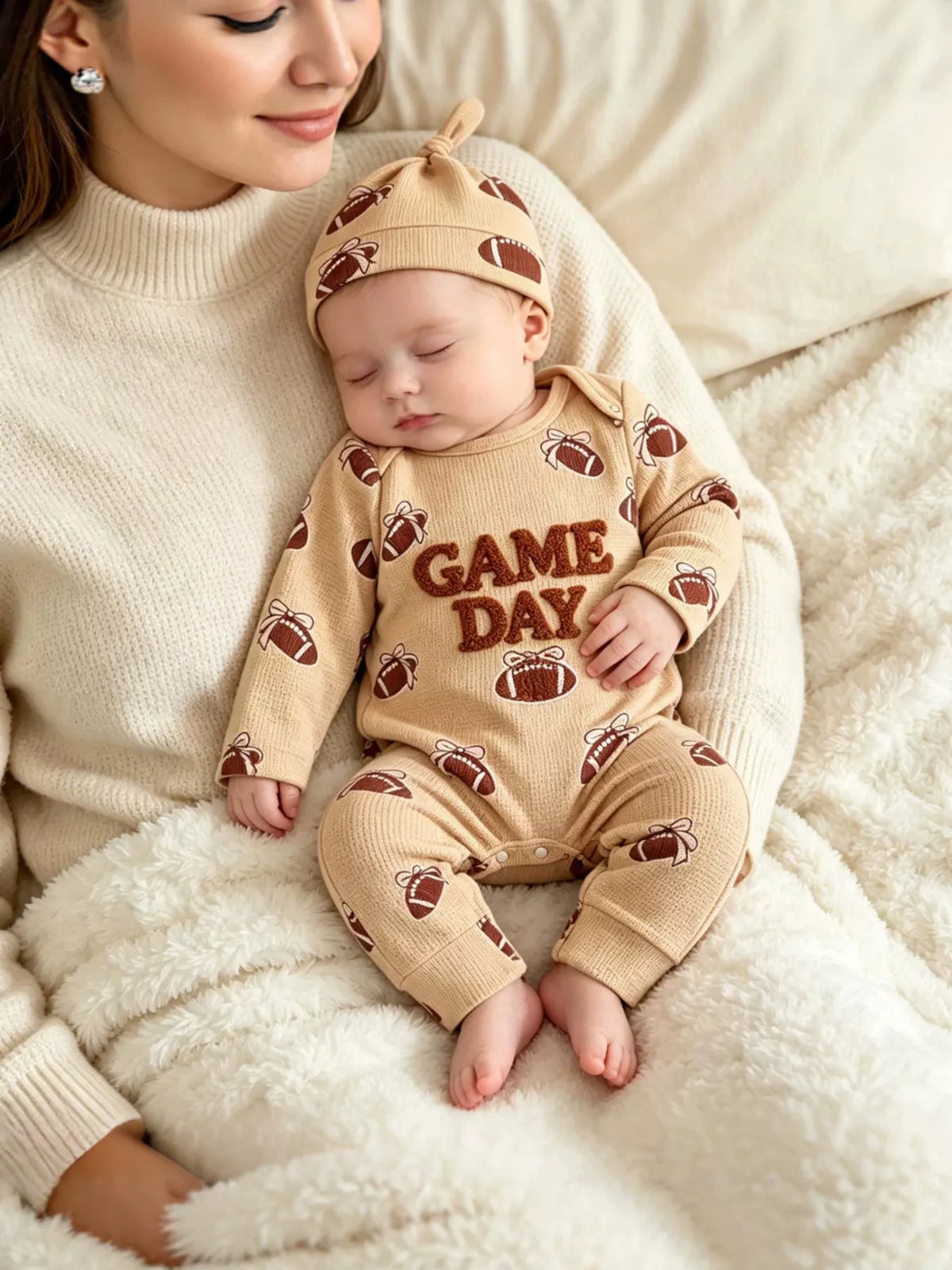 Children's Football Print Game Day Long Sleeve Jumpsuit and Hat Set - Lilixa.store