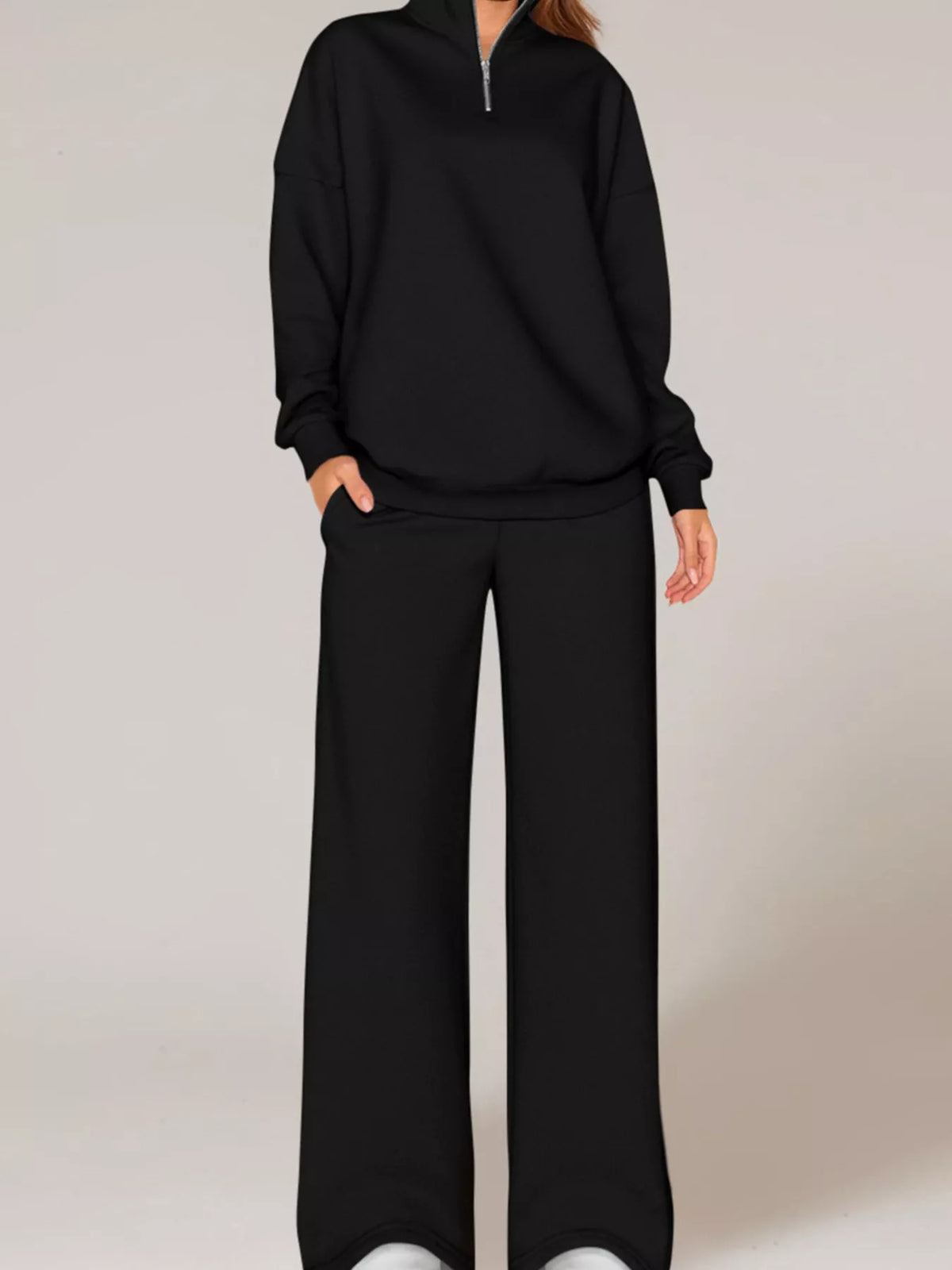 Half-Zip Sweatshirt and Wide-Leg Sweatpants Set in Black