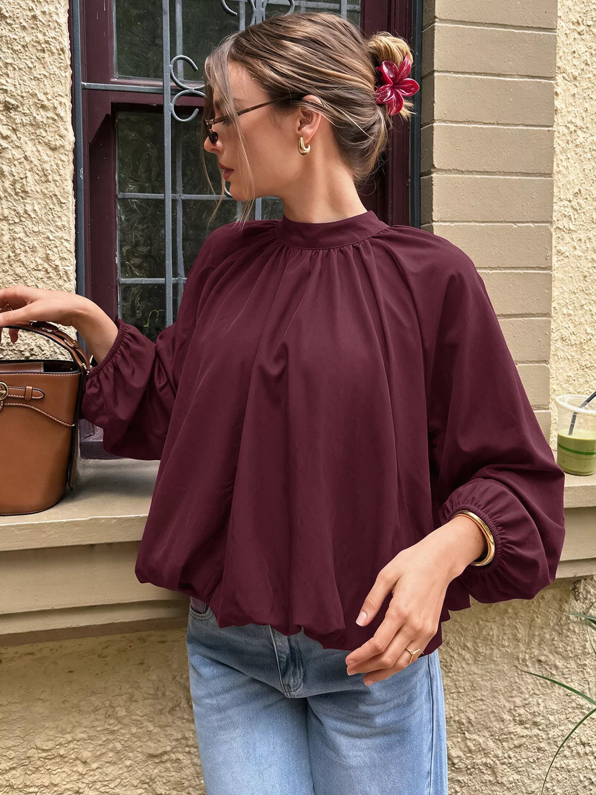 Tie Back Balloon Sleeve Blouse in Fuchsia Pink, view 2