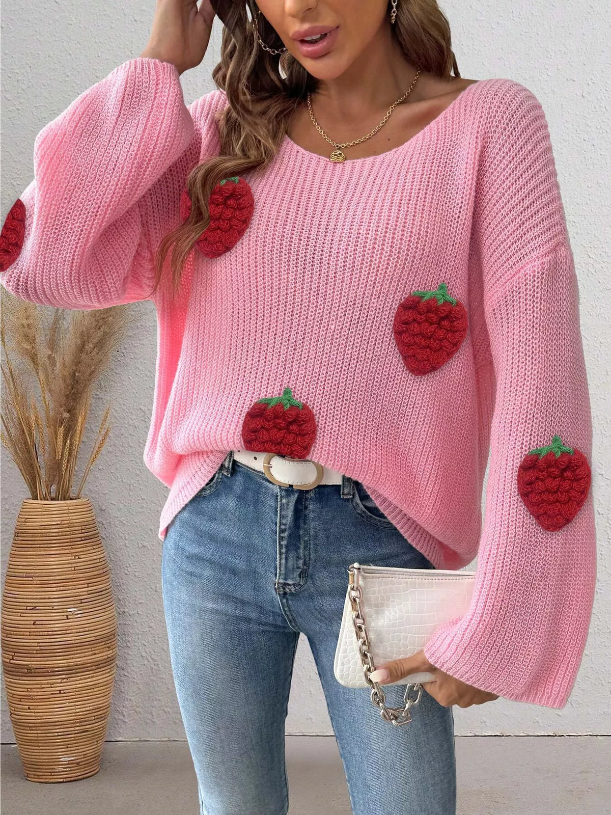 Strawberry Applique Oversized Sweater