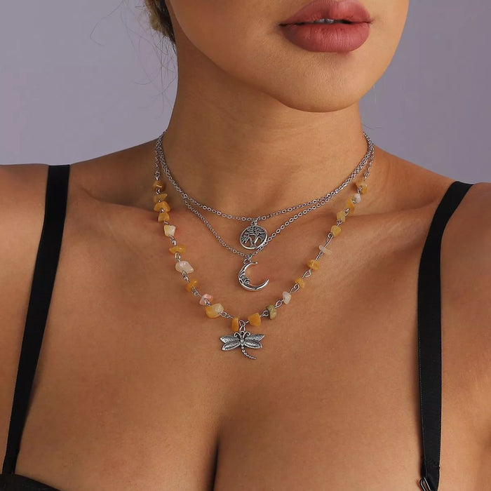 3-Piece Bohemian Layered Dragonfly Moon Tree Pendant Necklace - Lilixa.store