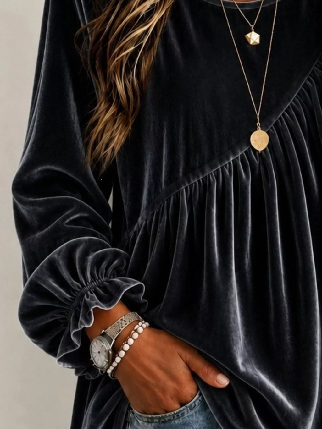 Full Size Velvet Round Neck Long Sleeve Blouse Plus Size - Lilixa.store