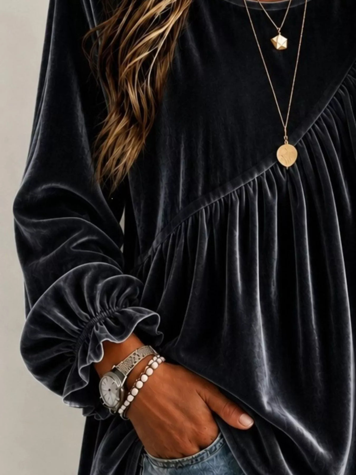 Full Size Velvet Round Neck Long Sleeve Blouse Plus Size - Lilixa.store
