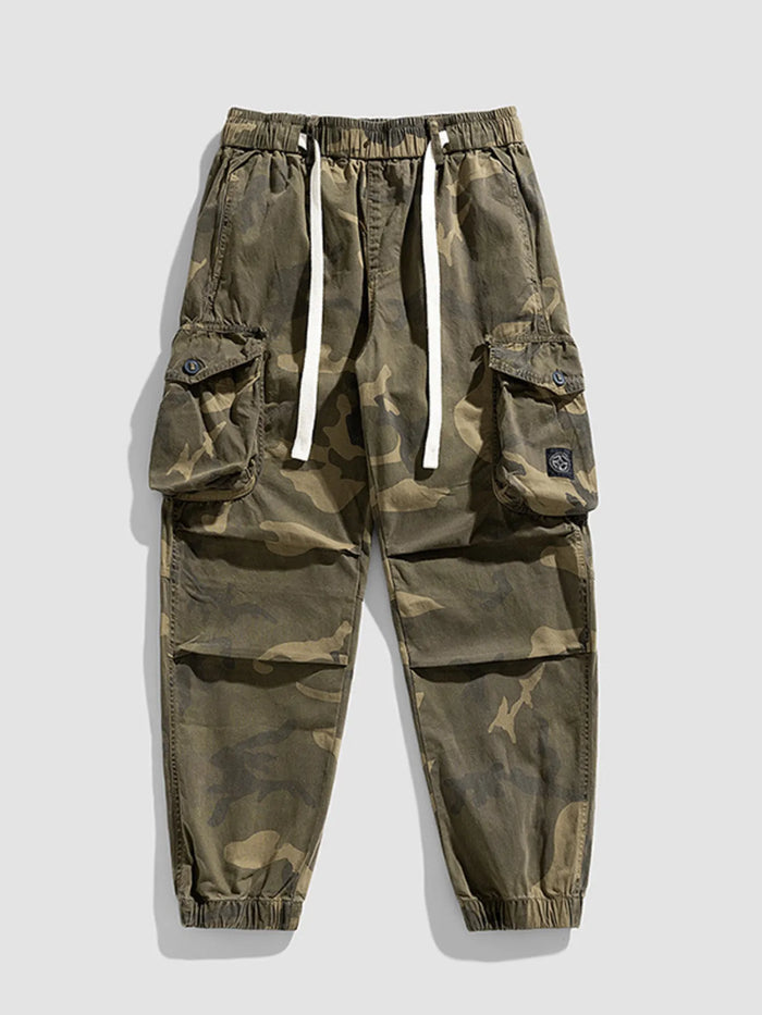 Men's Plus Size Camouflage Cargo Pants with Drawstring in Khaki