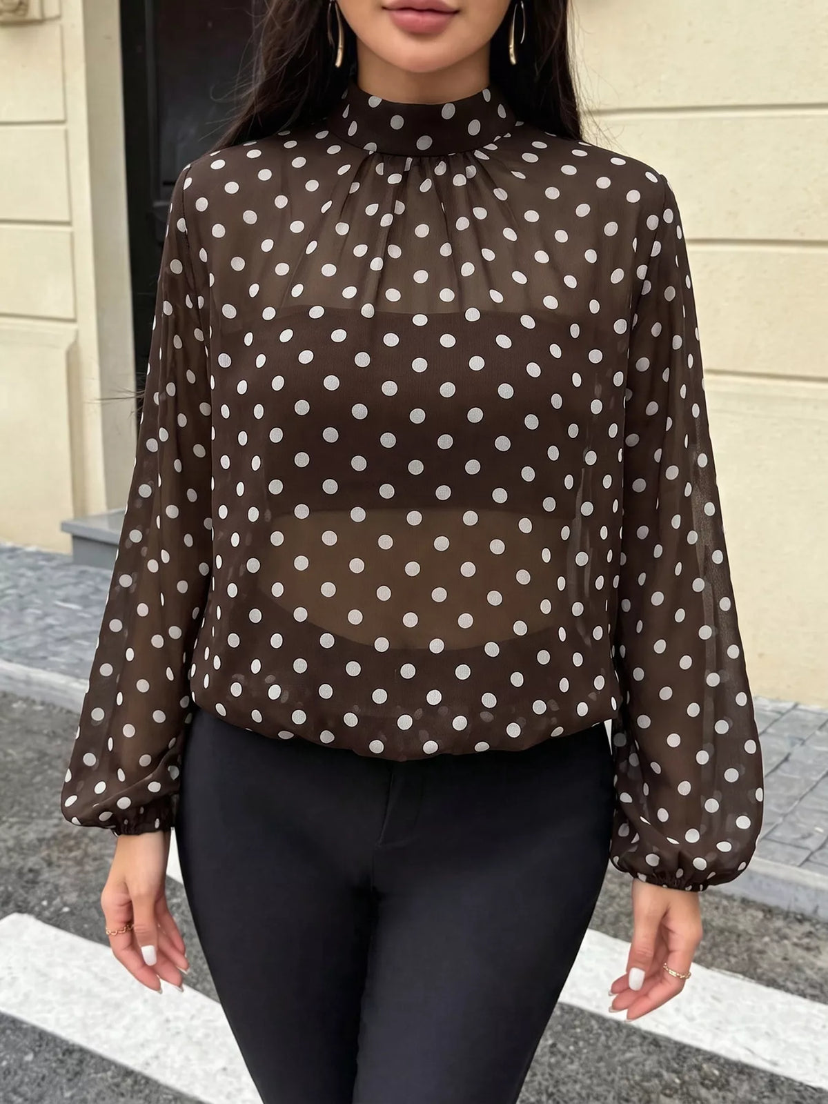 Polka Dot Mock Neck Long Sleeve Blouse - Lilixa.store