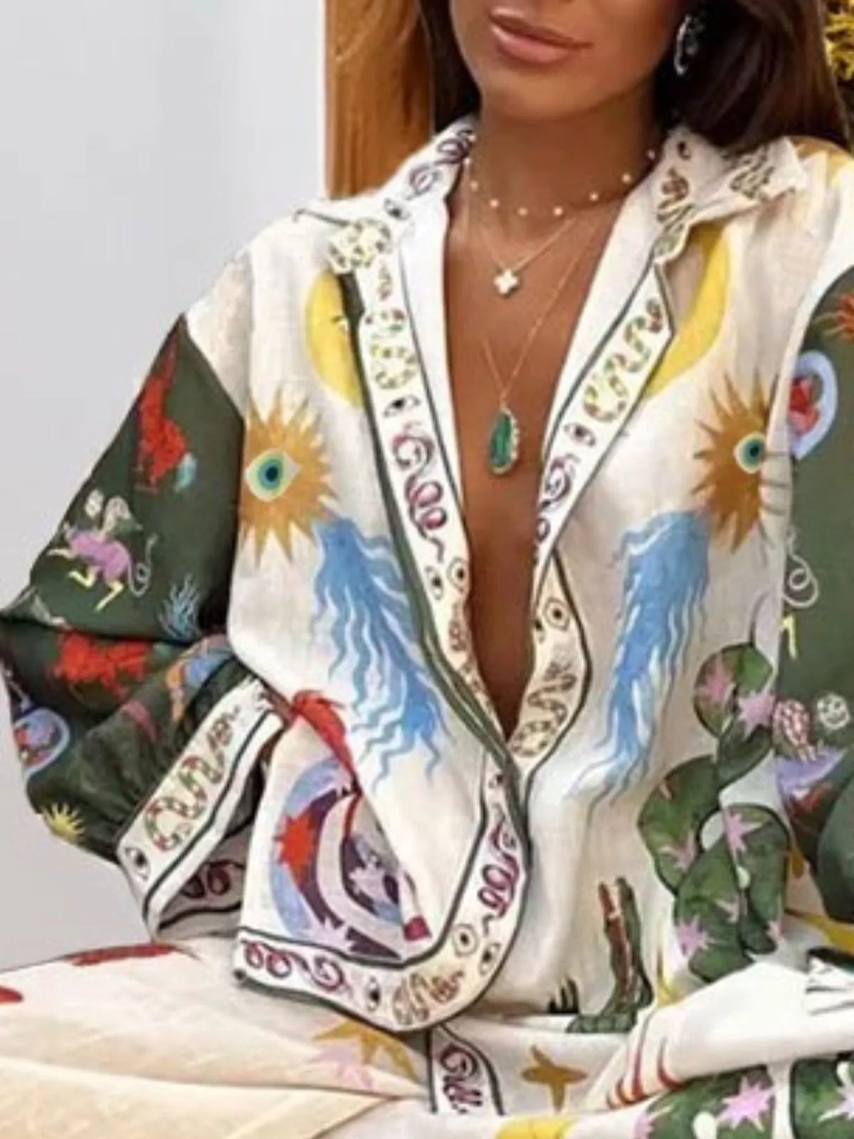 Full Size Printed Long Sleeve Shirt and Wide Leg Pants Set Plus Size in Multicolor, view 3