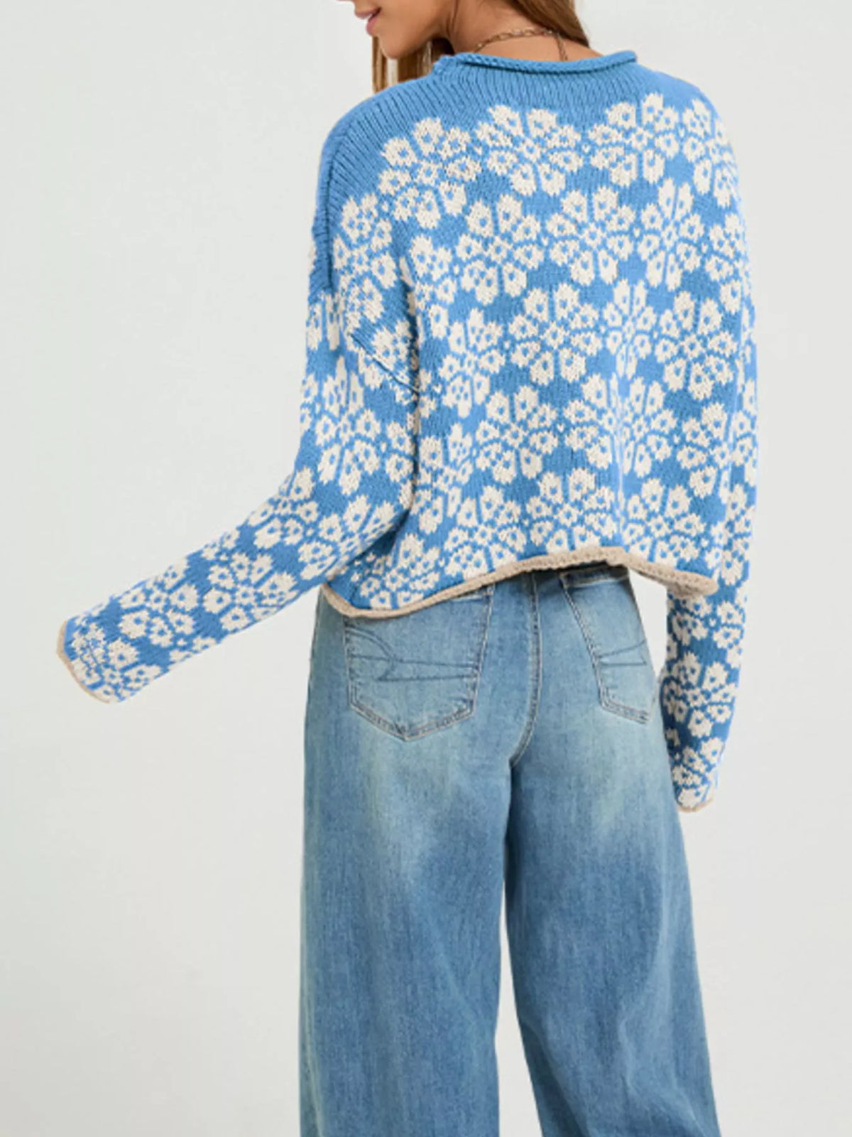 Floral Contrast Trim Dropped Shoulder Sweater - Lilixa.store