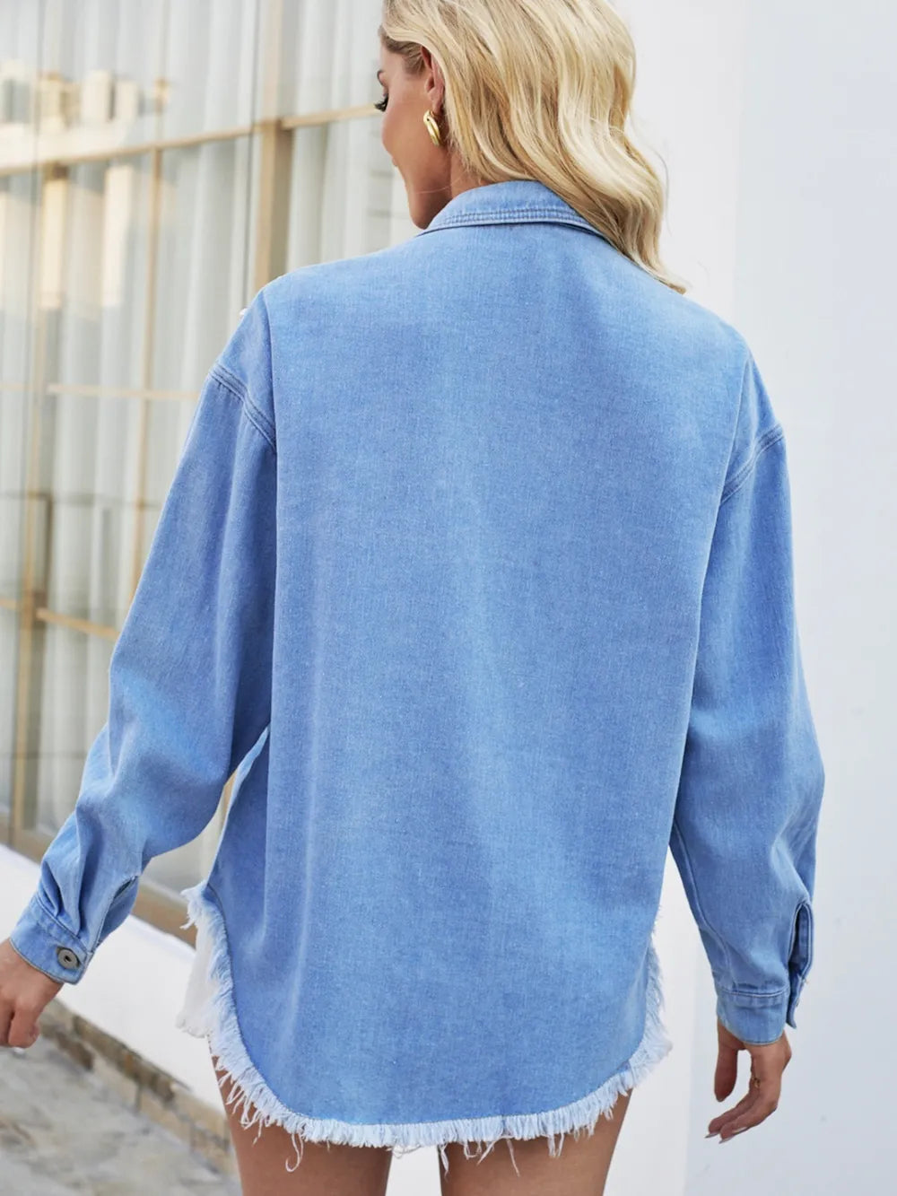 Pearl Detail Pocketed Button Up Denim Jacket in Blue, view 3