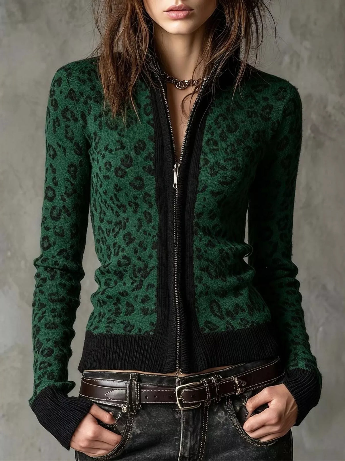 Leopard Zip-Up Knit Cardigan - Lilixa.store