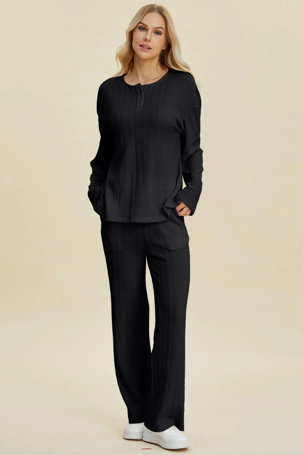 Double Take Full Size Cable-Knit Long Sleeve Top and Pants Set in Black