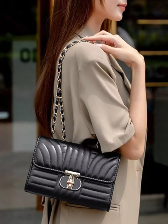 Quilted Chain Shoulder Bag with Metallic Lock in Black