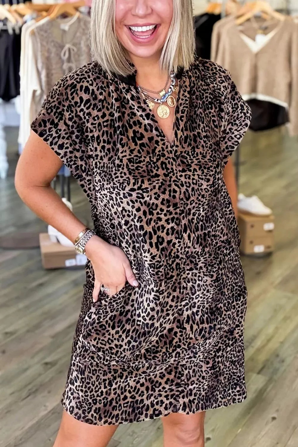 Leopard Print Short Sleeve Mini Shift Silhouette Dress - Lilixa.store
