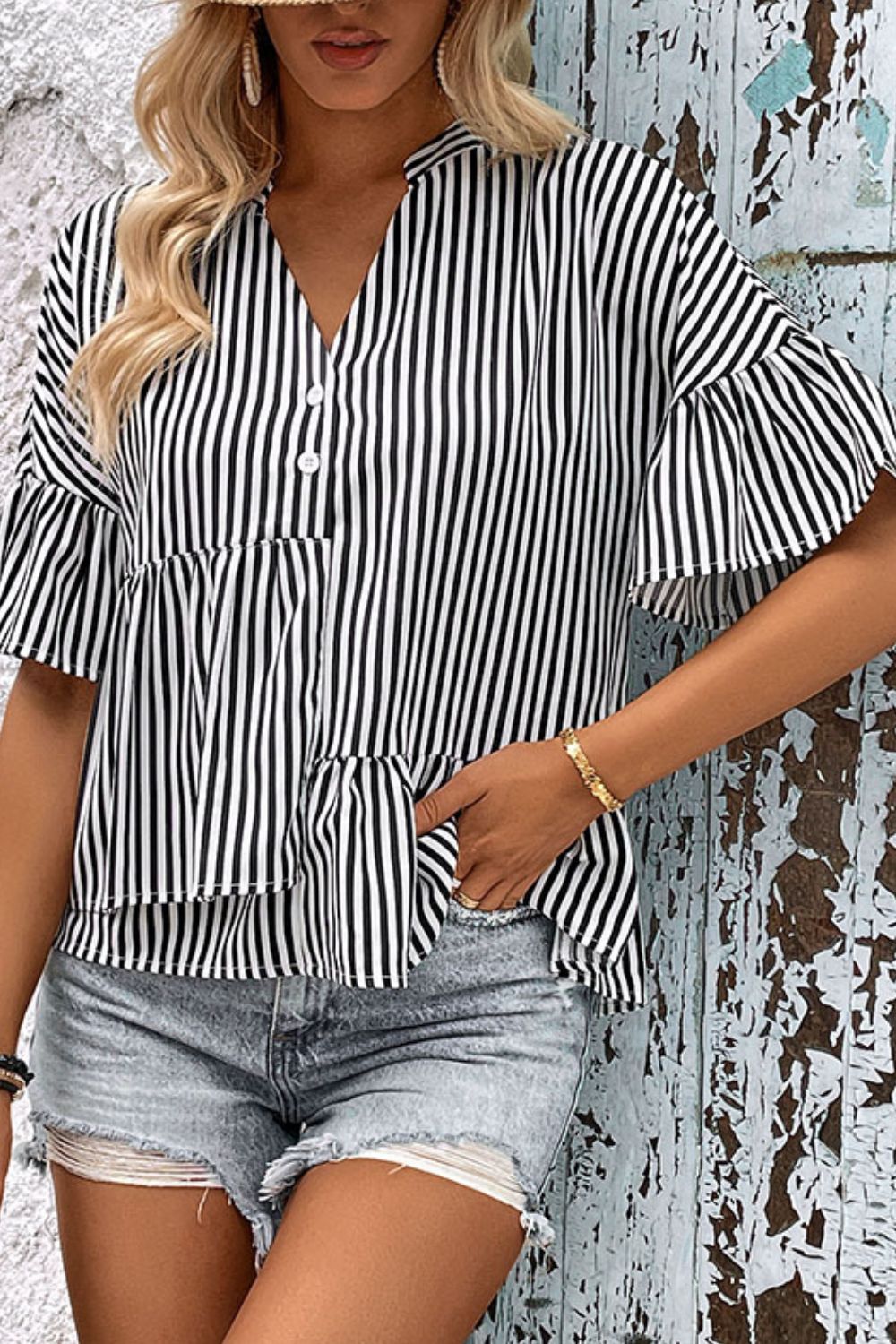 Perfee Striped Asymmetrical Flounce Sleeve Blouse, view 3
