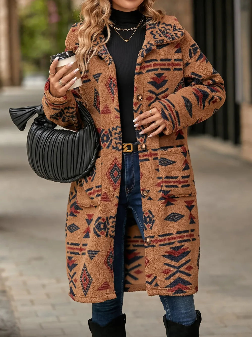 Geometric Pocketed Dropped Shoulder Coat, view 4