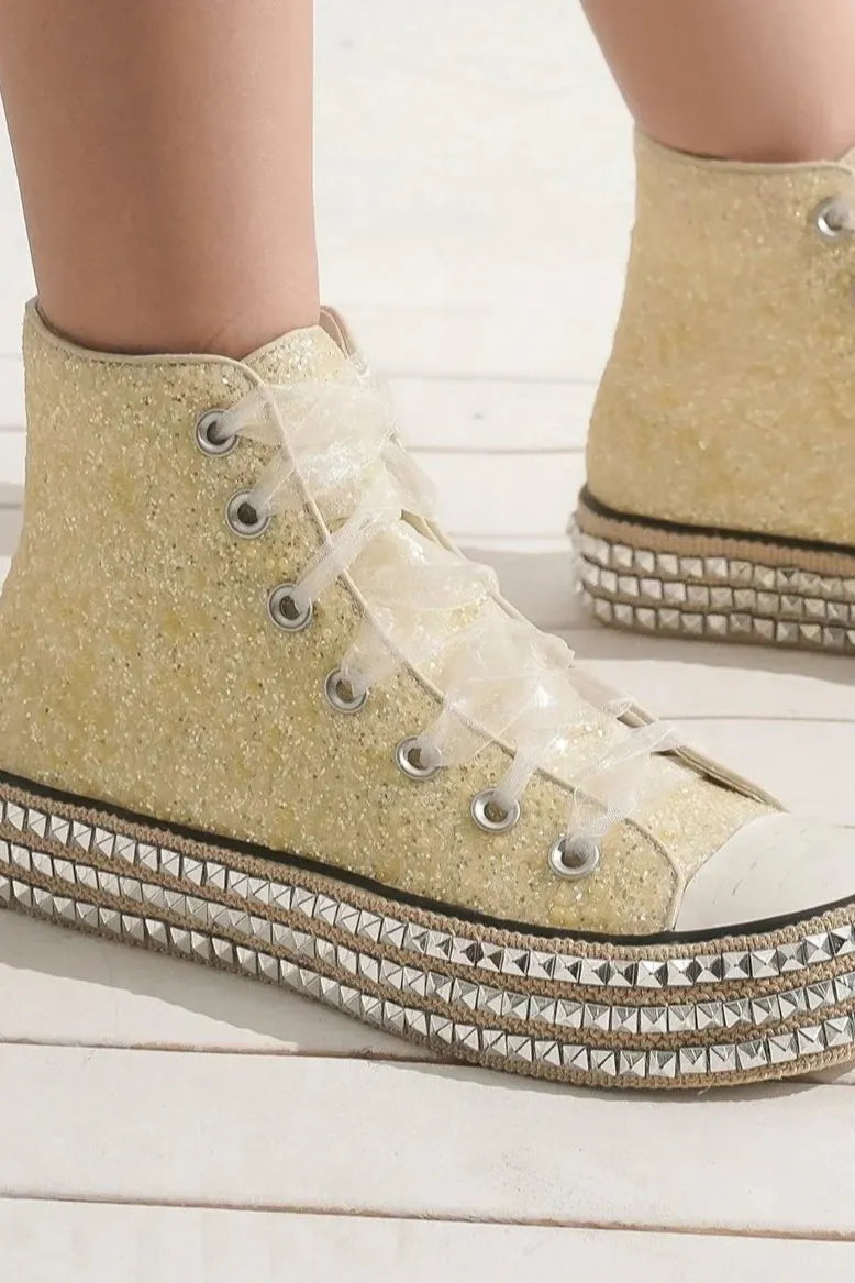 Beast Fashion Glitter Lace-Up Studded Platform Sneakers - Lilixa.store