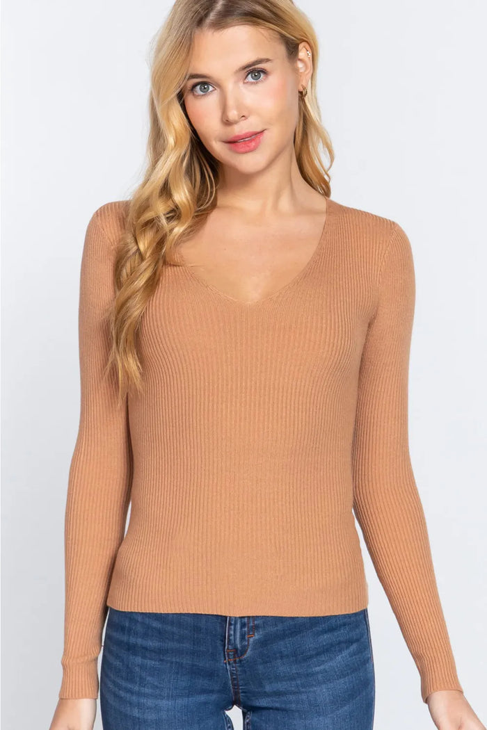 ACTIVE BASIC V-Neck Fitted Viscose Rib Knit Top - Lilixa.store