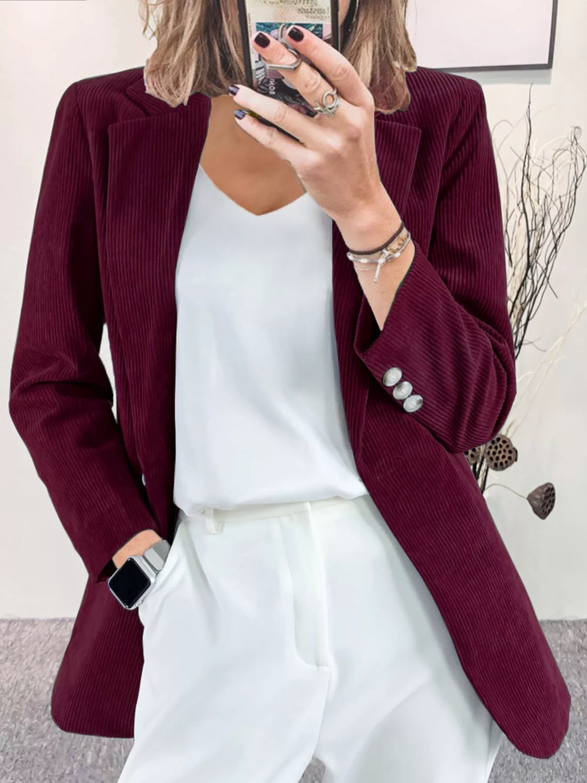 Corduroy Lapel Collar Casual Blazer in Burgundy