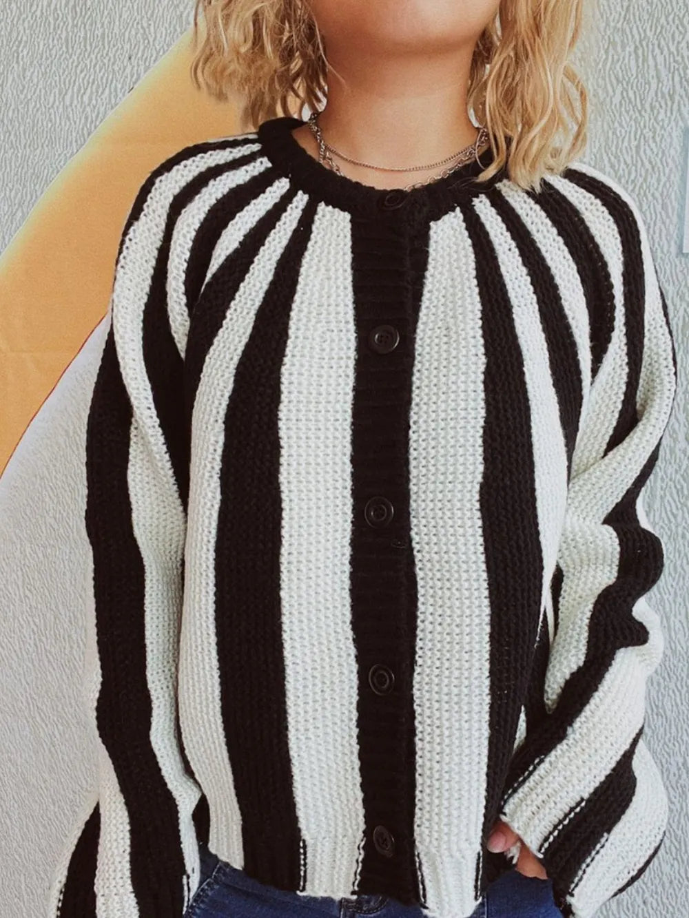 Contrast Stripes Button Down Long Sleeve Cardigan - Lilixa.store