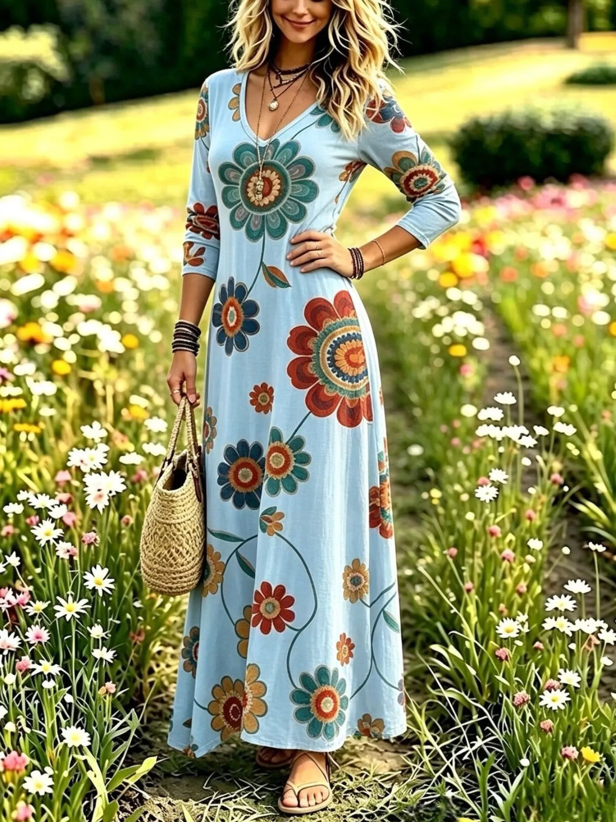 Floral Print V-Neck Long Sleeve Maxi Dress