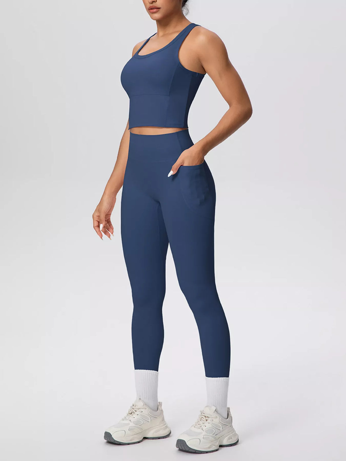 Scoop Neck Tank and High-Waisted Leggings Active Set in Dusty Blue