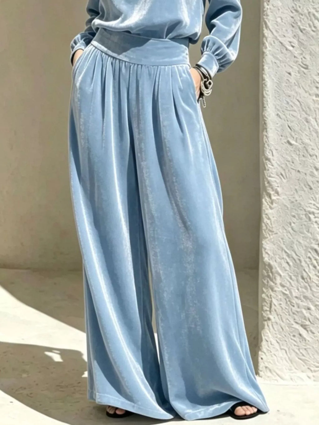 Velvet Mock Neck Long Sleeve Top and Wide-Leg Pants Set - Lilixa.store