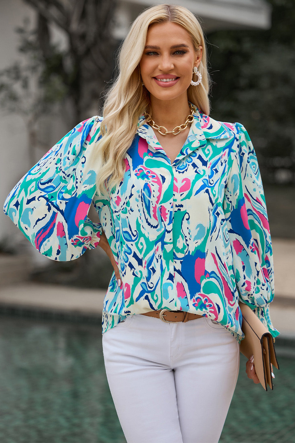 Printed Puff Sleeve Collared Blouse, view 7