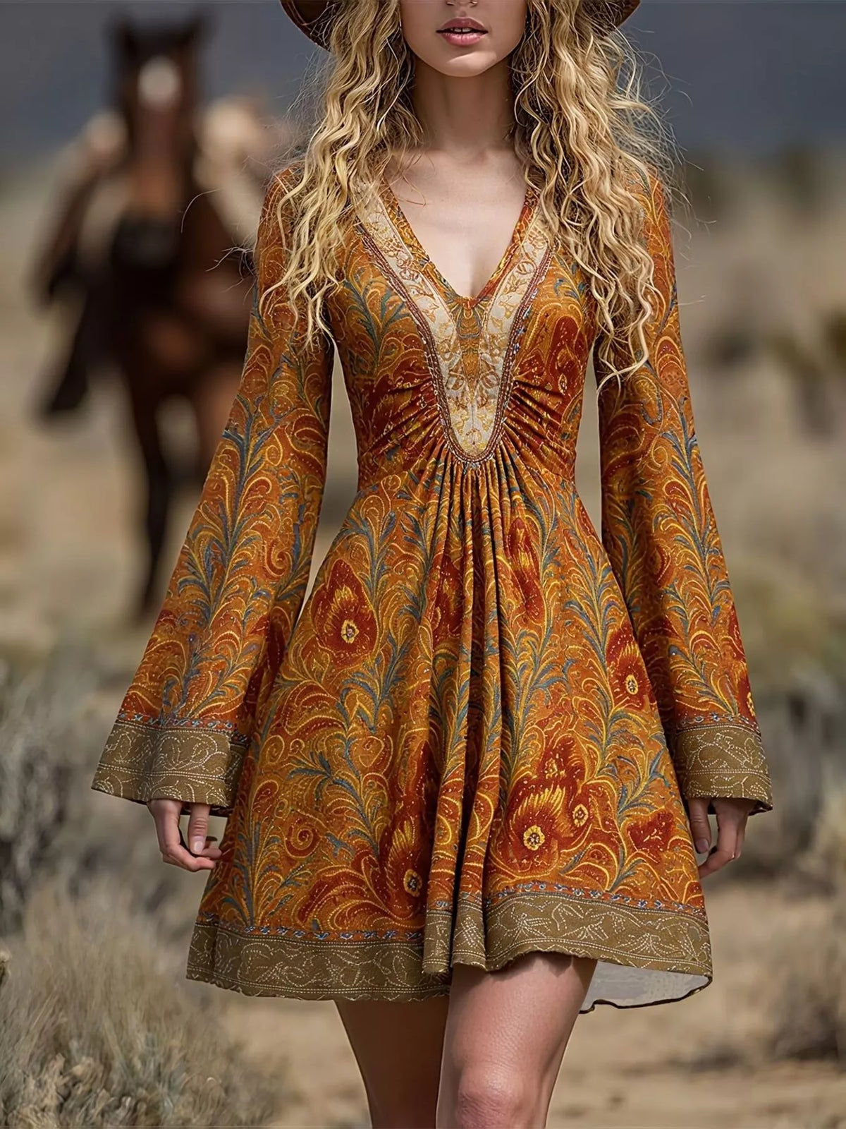 Printed V-Neck Flare Sleeve Dress in Mustard